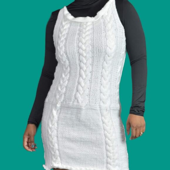 Sweater Knit Dress White Handmade Chunky Cable Sleeveless Mini Pencil Size Small - Picture 7 of 12